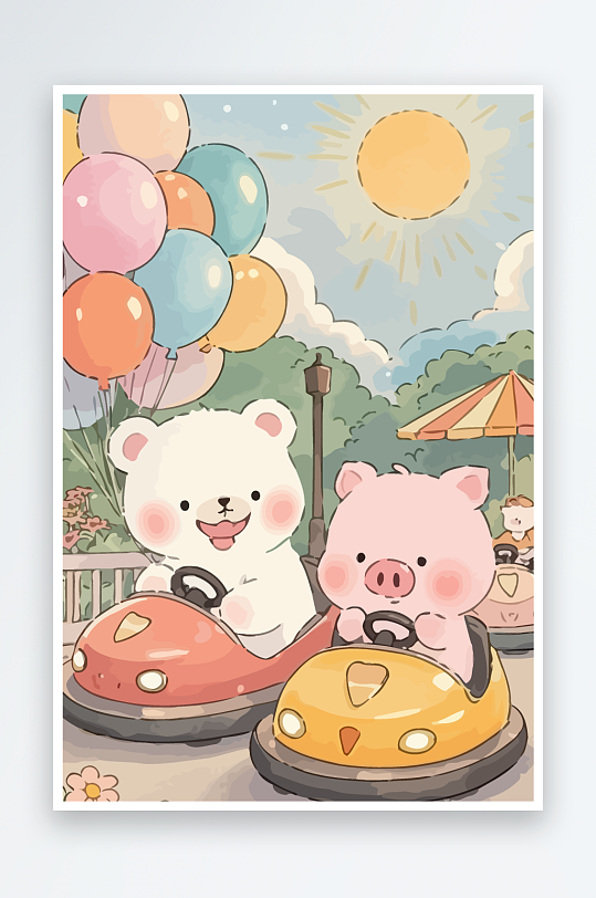 Q版游乐城开碰碰车的小猪元素-众图网