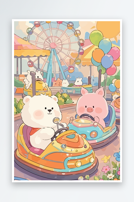 Q版游乐城开碰碰车的小猪元素-众图网