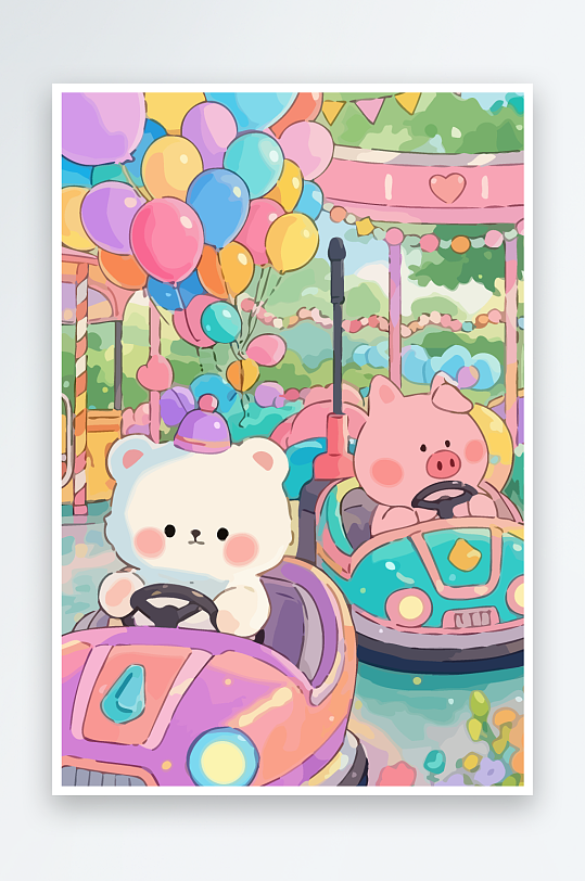 Q版游乐城开碰碰车的小猪元素-众图网