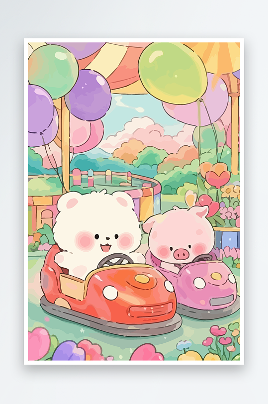 Q版游乐城开碰碰车的小猪元素-众图网