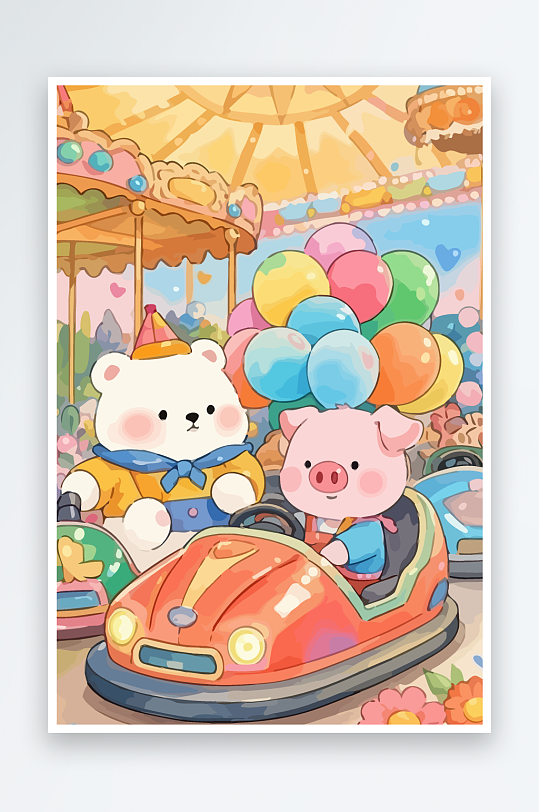 Q版游乐城开碰碰车的小猪元素-众图网