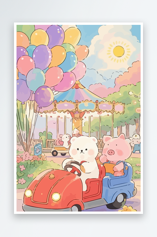 Q版游乐城开碰碰车的小猪元素-众图网