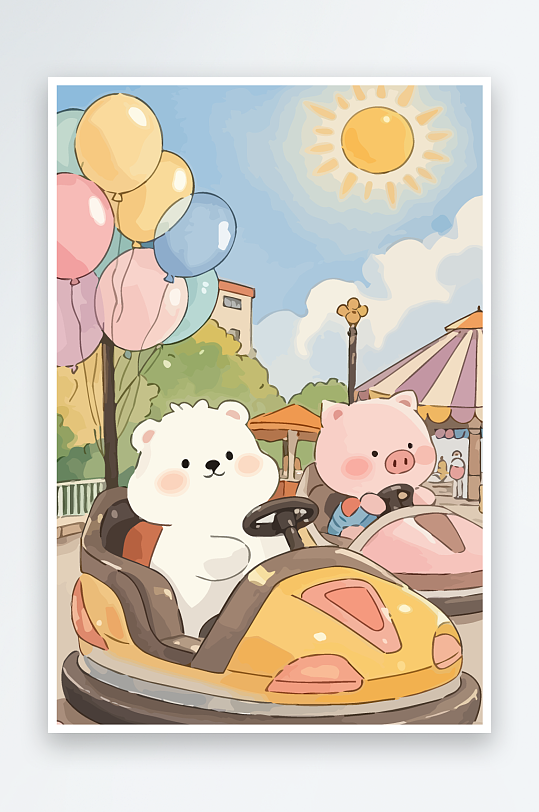 Q版游乐城开碰碰车的小猪元素-众图网