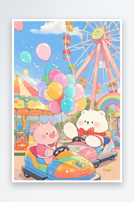 Q版游乐城开碰碰车的小猪元素-众图网