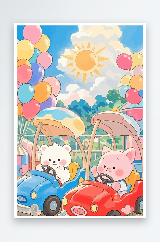 Q版游乐城开碰碰车的小猪元素-众图网