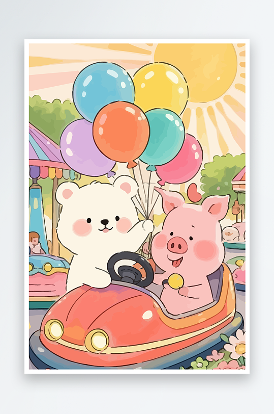 Q版游乐城开碰碰车的小猪元素-众图网