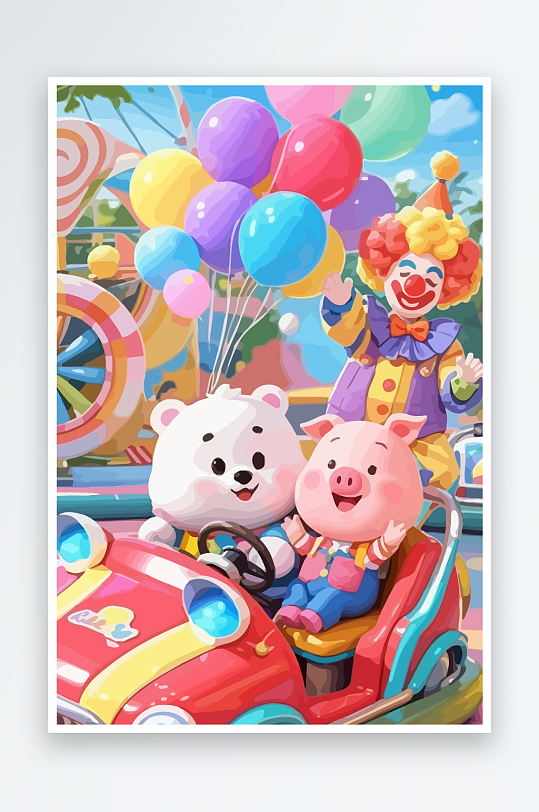 Q版游乐城开碰碰车的小猪元素-众图网