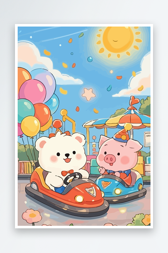 Q版游乐城开碰碰车的小猪元素-众图网