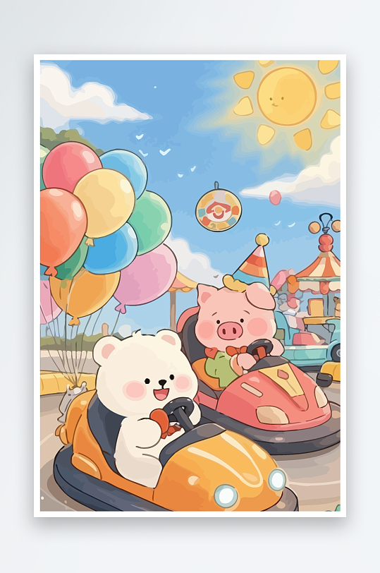 Q版游乐城开碰碰车的小猪元素-众图网
