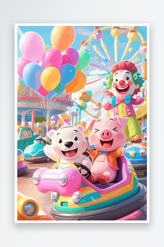 Q版游乐城开碰碰车的小猪元素-众图网
