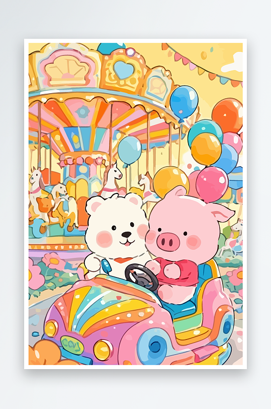 Q版游乐城开碰碰车的小猪-众图网