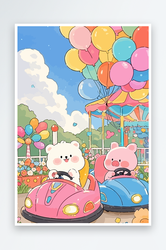 Q版游乐城开碰碰车的小猪-众图网