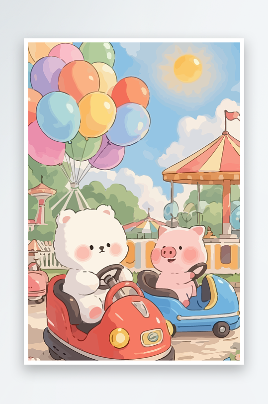 Q版游乐城开碰碰车的小猪-众图网