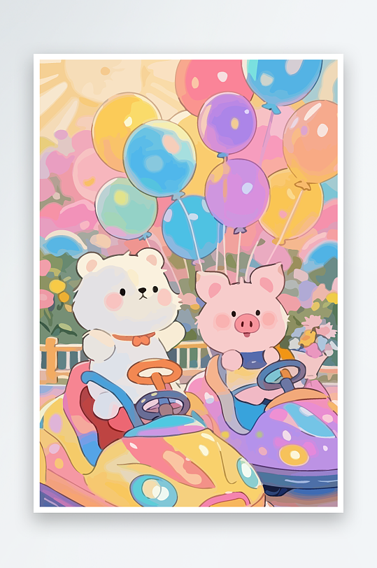 Q版游乐城开碰碰车的小猪-众图网