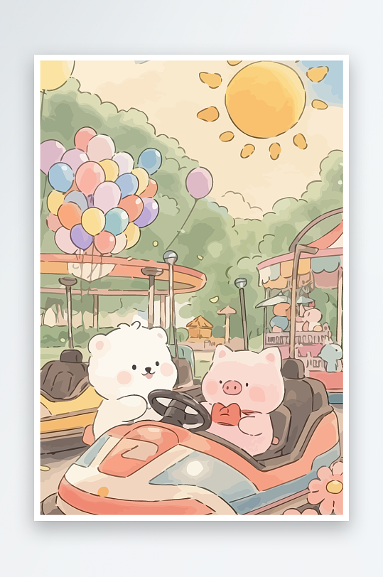 Q版游乐城开碰碰车的小猪-众图网