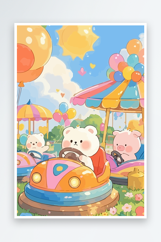 Q版游乐城开碰碰车的小猪-众图网