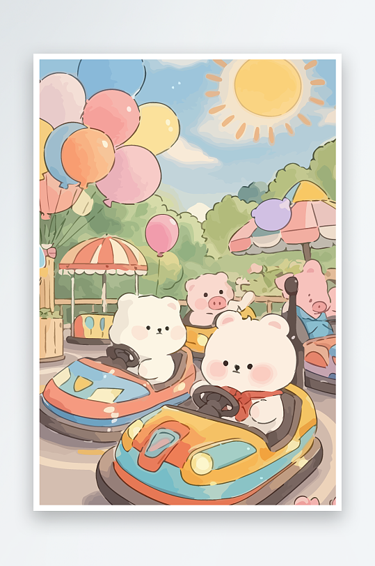 Q版游乐城开碰碰车的小猪-众图网