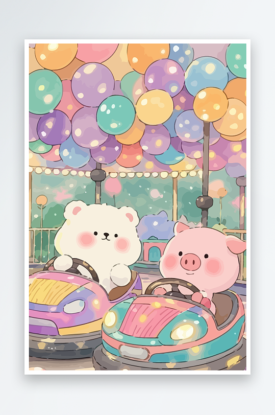 Q版游乐城开碰碰车的小猪-众图网