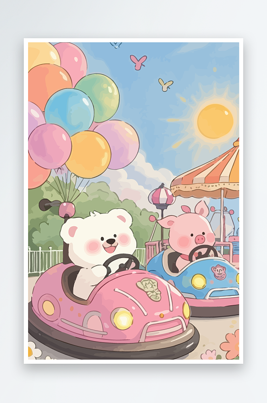 Q版游乐城开碰碰车的小猪元素-众图网