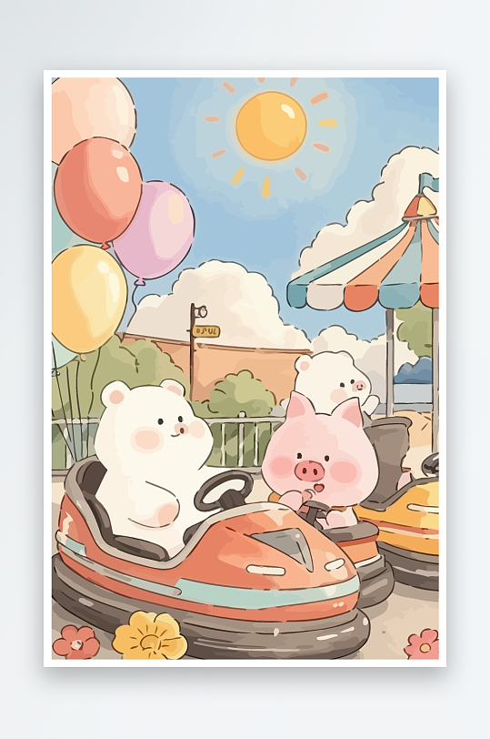 Q版游乐城开碰碰车的小猪元素-众图网