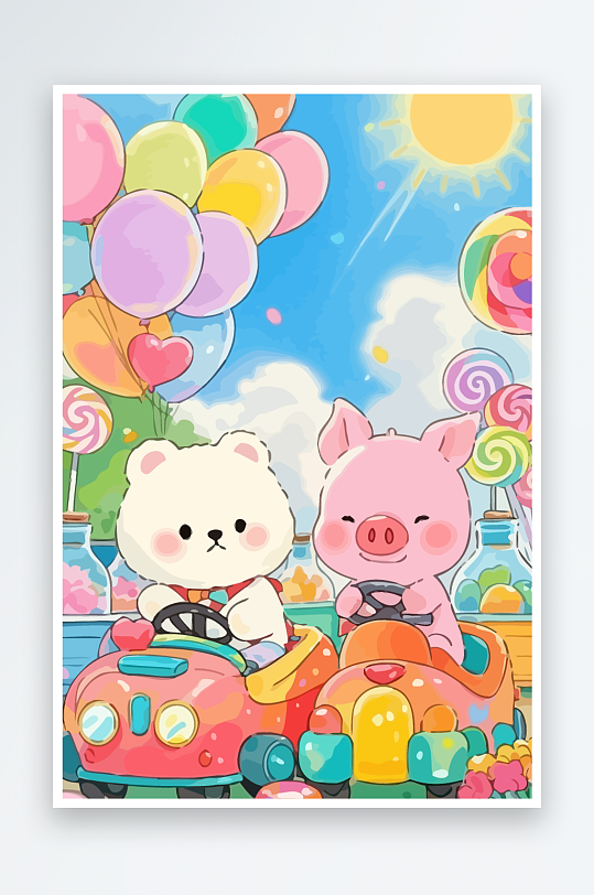 Q版游乐城开碰碰车的小猪元素-众图网