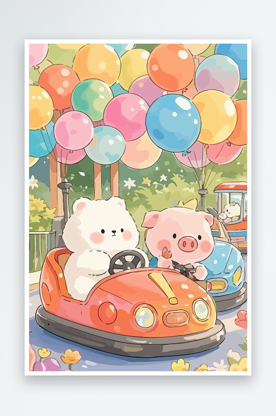 Q版游乐城开碰碰车的小猪元素-众图网