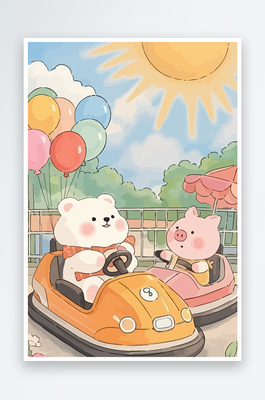 Q版游乐城开碰碰车的小猪元素-众图网