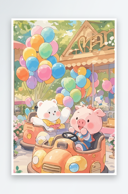 Q版游乐城开碰碰车的小猪元素-众图网