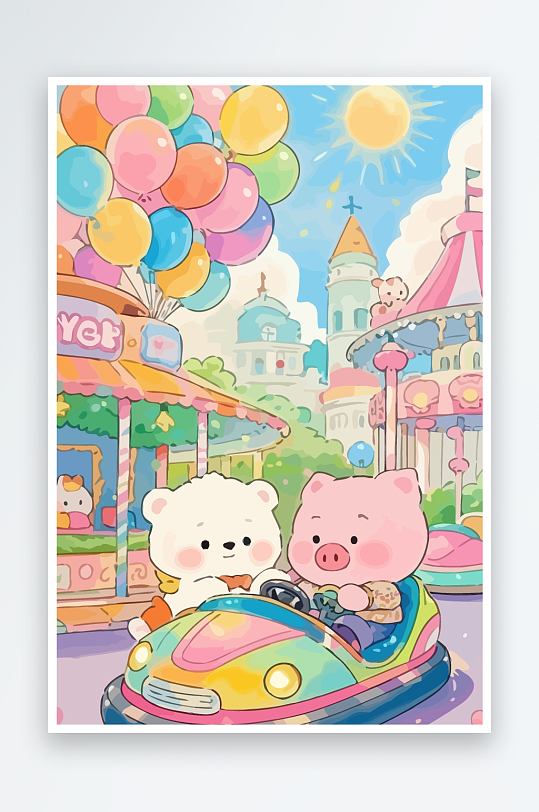 Q版游乐城开碰碰车的小猪元素-众图网