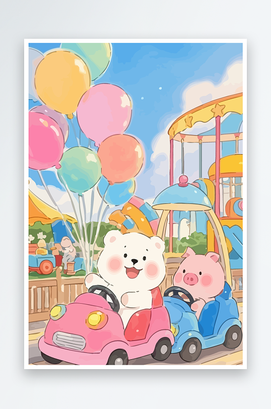 Q版游乐城开碰碰车的小猪元素-众图网