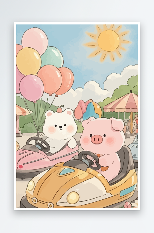 Q版游乐城开碰碰车的小猪元素-众图网