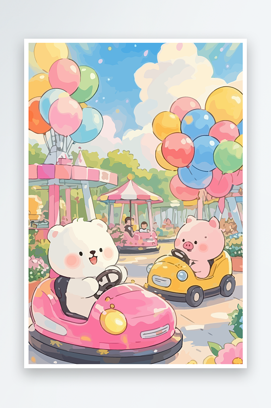 Q版游乐城开碰碰车的小猪元素-众图网