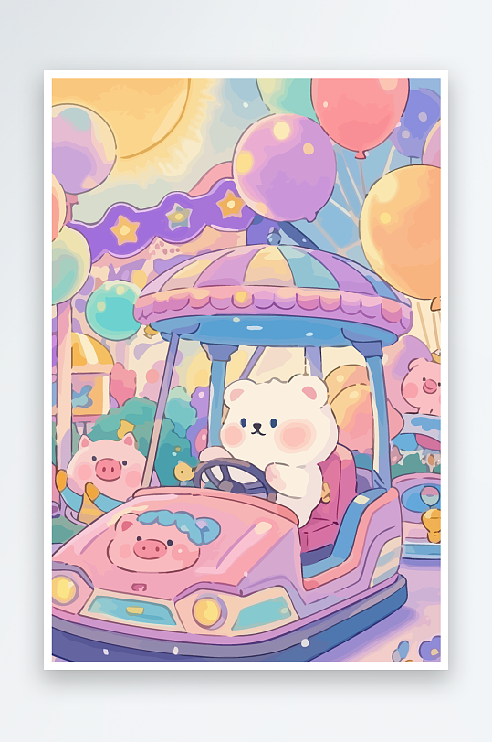Q版游乐城开碰碰车的小猪元素-众图网