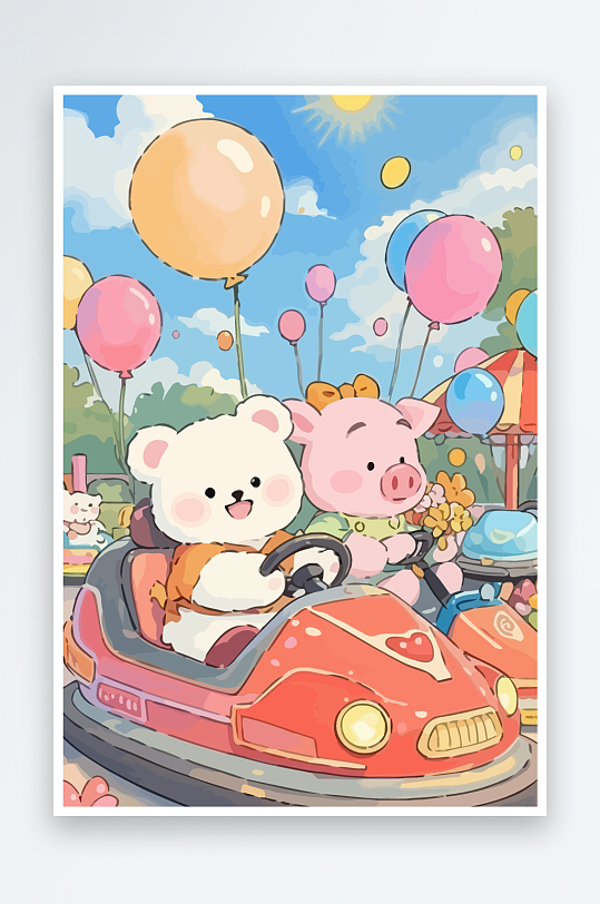 Q版游乐城开碰碰车的小猪-众图网