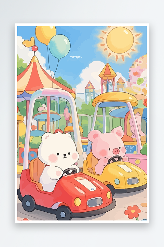 Q版游乐城开碰碰车的小猪-众图网