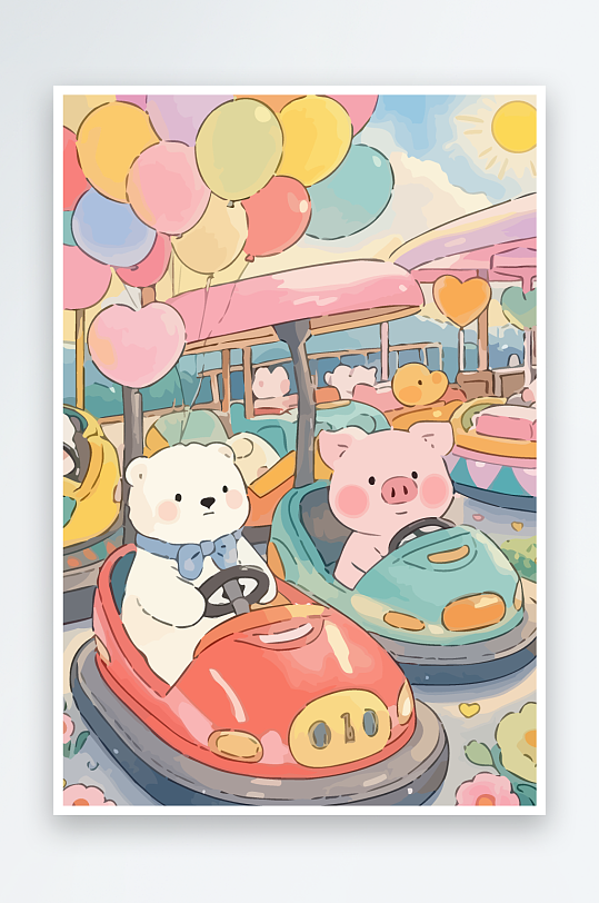 Q版游乐城开碰碰车的小猪-众图网