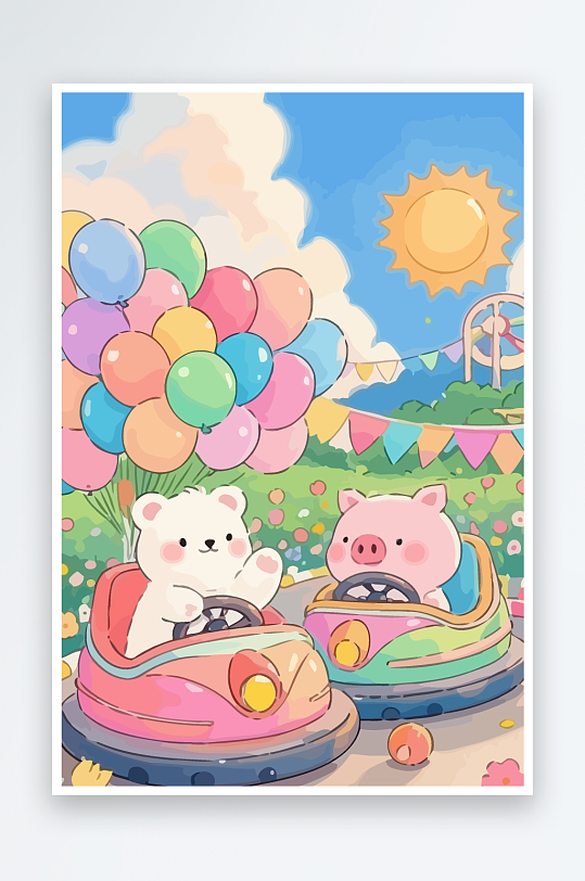 Q版游乐城开碰碰车的小猪-众图网