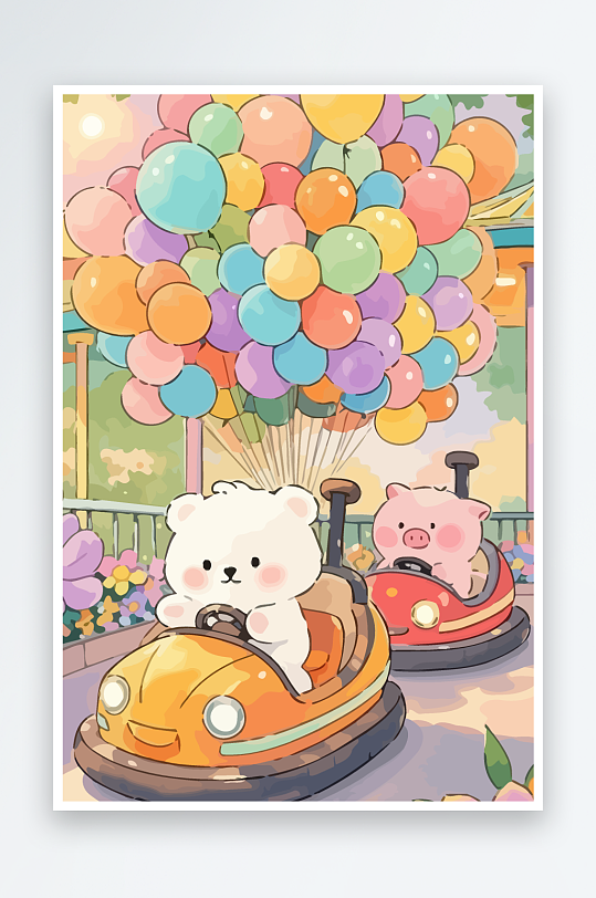 Q版游乐城开碰碰车的小猪-众图网