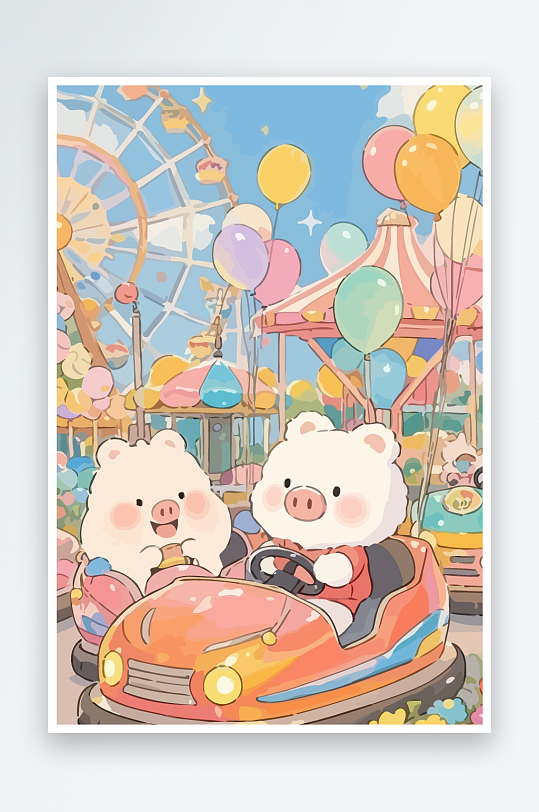 Q版游乐城开碰碰车的小猪-众图网