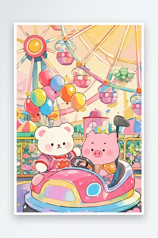 Q版游乐城开碰碰车的小猪-众图网