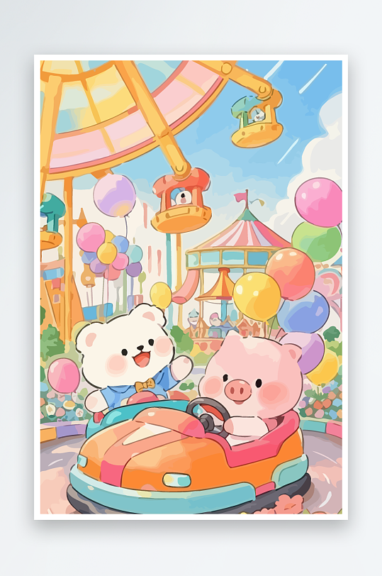 Q版游乐城开碰碰车的小猪-众图网