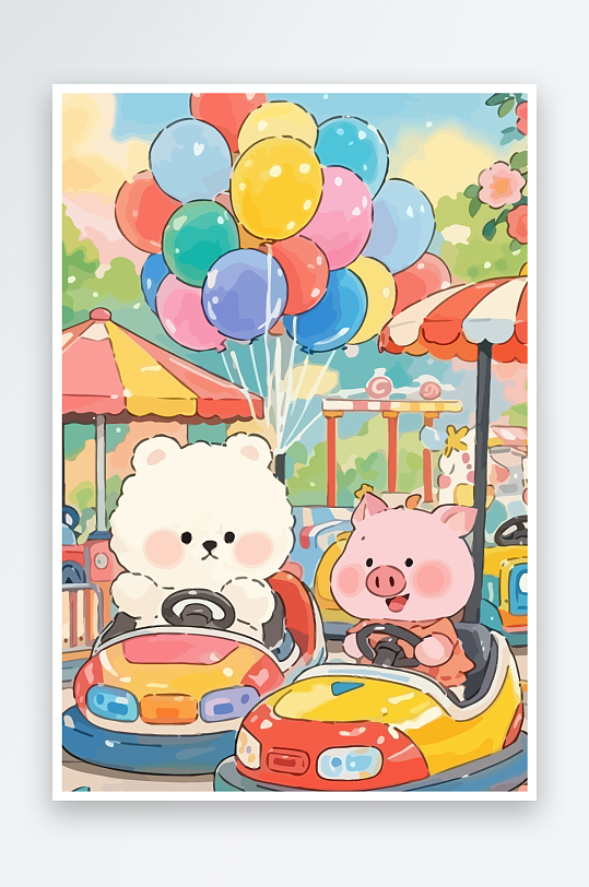 Q版游乐城开碰碰车的小猪-众图网