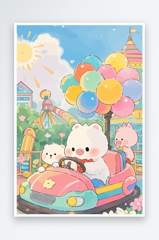 Q版游乐城开碰碰车的小猪-众图网