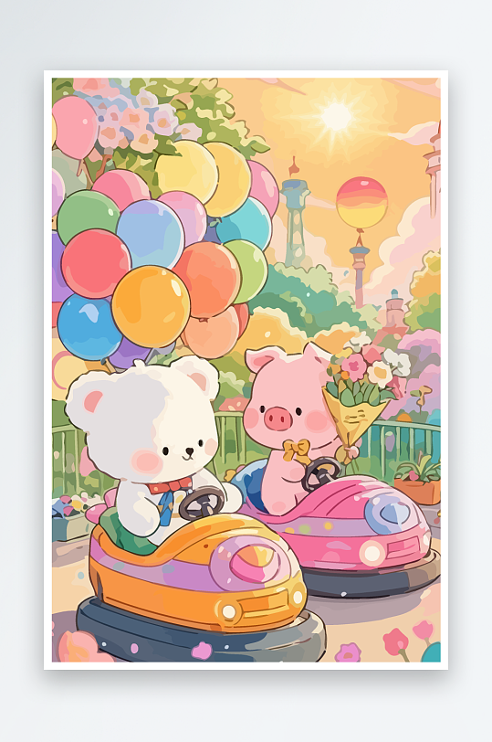 Q版游乐城开碰碰车的小猪-众图网