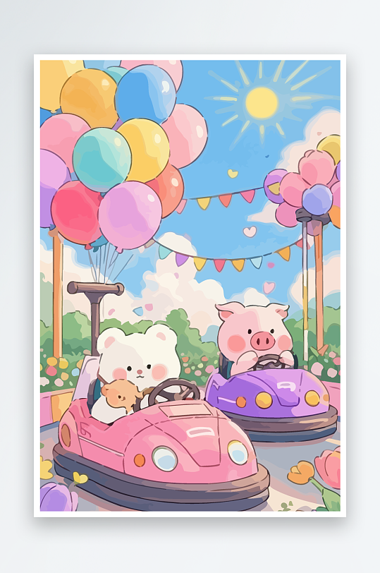 Q版游乐城开碰碰车的小猪-众图网