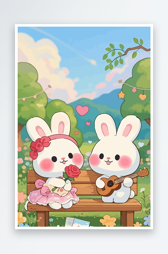 Q版两只兔子坐在大树下-众图网