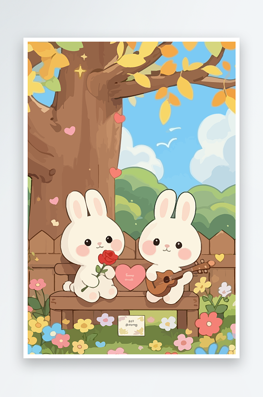 Q版两只兔子坐在大树下-众图网