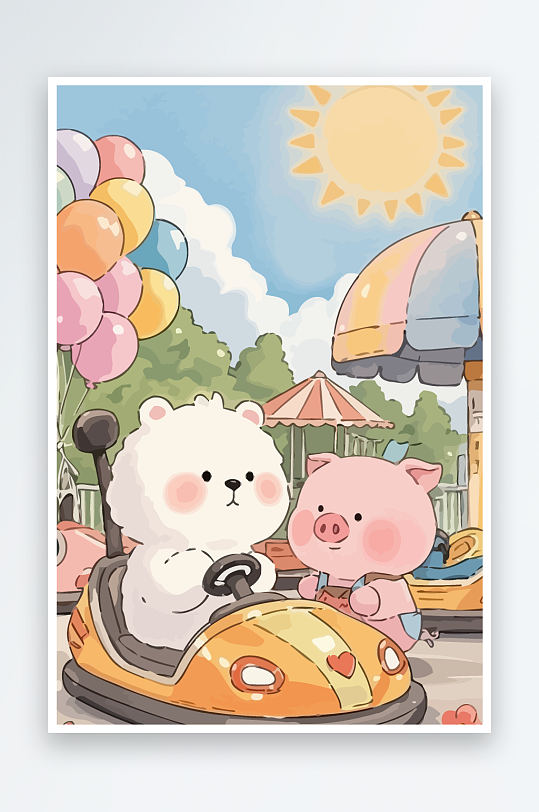 Q版游乐城开碰碰车的小猪元素-众图网