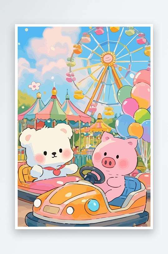 Q版游乐城开碰碰车的小猪元素-众图网