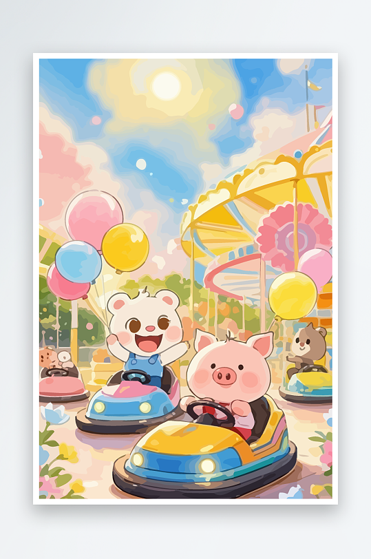 Q版游乐城开碰碰车的小猪元素-众图网